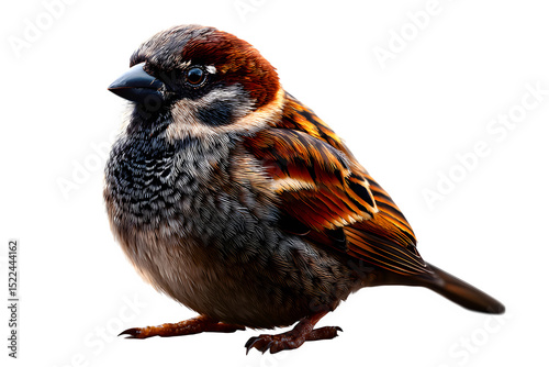 Sparrow bird perched sideways, detailed feathers and tail visible, isolated on transparent background --ar 3:2 --v 7.0 --p 537mr6h --s 250 photo