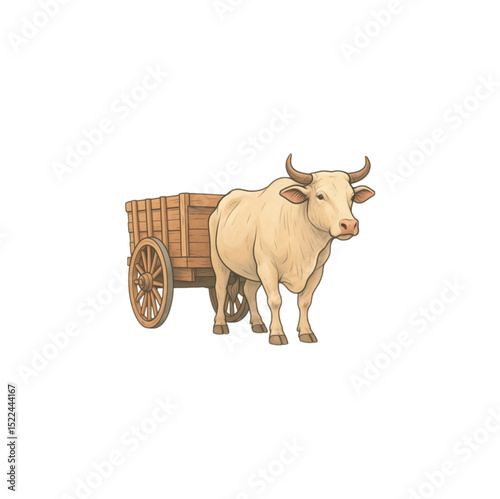 Charming illustration of a light-colored ox pulling a wooden cart. Perfect for agriculture, farming, vintage, and rustic designs.  High-quality vector art.