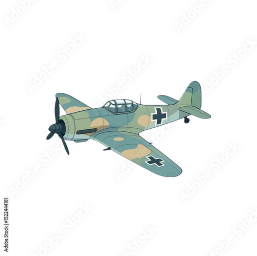 A detailed illustration of a vintage Messerschmitt Bf 109 fighter plane showcasing its camouflage paint and iconic German markings against a white background.