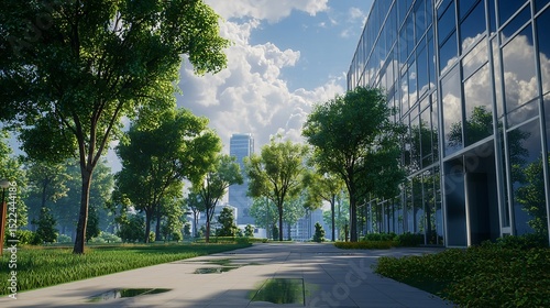 Modern Office Building with Green Trees
