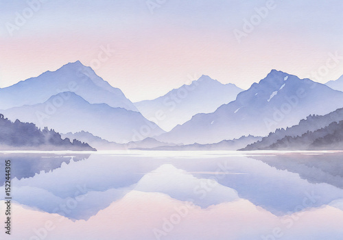 Peaceful Watercolor Landscape Lake Reflecting Sky