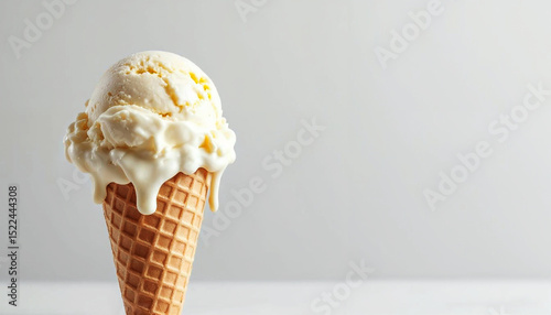 A single scoop of vanilla ice cream melting on a sugar cone against a pale grey background