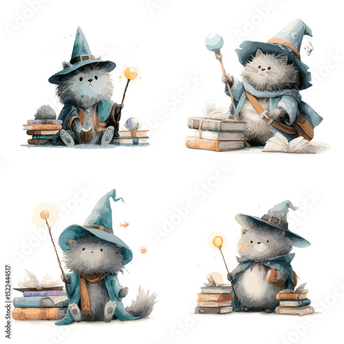 Adorable wizard cat characters with magic wands, books, and hats in watercolor style. Great for children’s books, fantasy themes, or magical merchandise.

