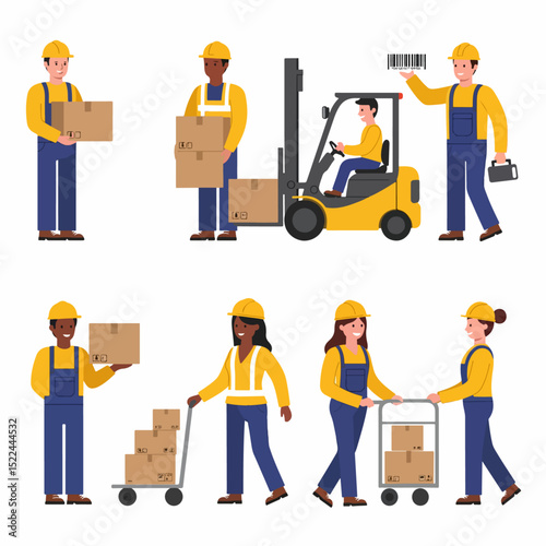 Warehouse workers with boxes and forklift.