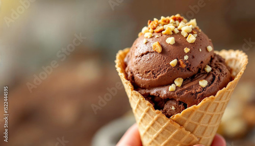 Delicious chocolate ice cream topped with crushed nuts in a waffle cone, perfect for a refreshing treat on a sunny day