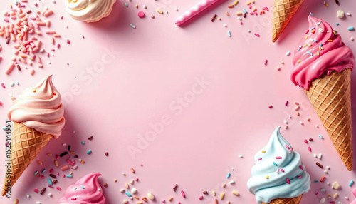 Minimal blank template card for National Ice Cream Day in cute styles, featuring elements of ice cream cones and sprinkles, with a large copy space on center for text