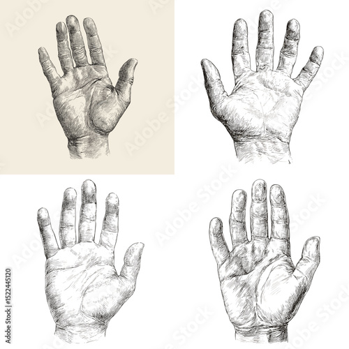 Detailed vintage-style hand drawings with open palms facing forward. Suitable for palmistry, anatomy, spirituality, or line art collections.

