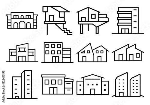 Vector set of diverse house and residential building icons, perfect for real estate and architectural design illustrations