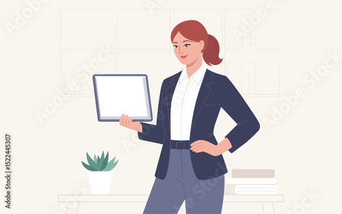 Confident Businesswoman Presenting on Tablet Flat Vector Illustration