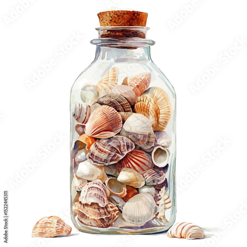 watercolor of Bottle Filled Collected Seashells, vector high quality, isolated on a white background.