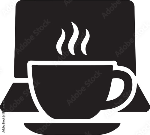Silhouette vector of a coffee cup with laptop. Ideal for remote work, café workspace, and digital lifestyle designs.