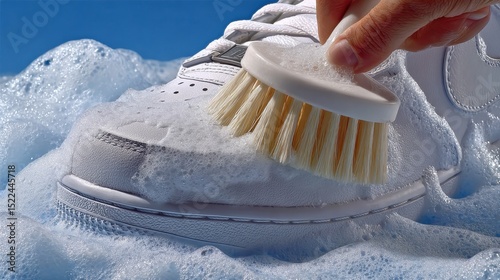 Close-up of white sneaker being cleaned with a soft brush in soapy foam on blue background, perfect for footwear care ads, hygiene visuals and shoe cleaning product promotions