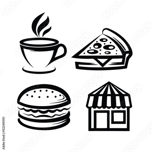Black and White Food Icons Featuring Coffee, Pizza, Burger, and Storefront Illustrations