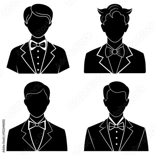 Four black silhouette illustrations of men wearing suits and bow ties in a formal arrangement