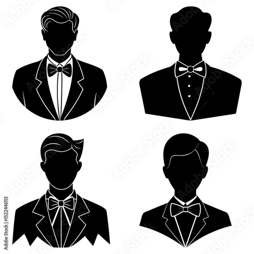 Collection of four black silhouette illustrations of men wearing suits and bow ties in formal attire