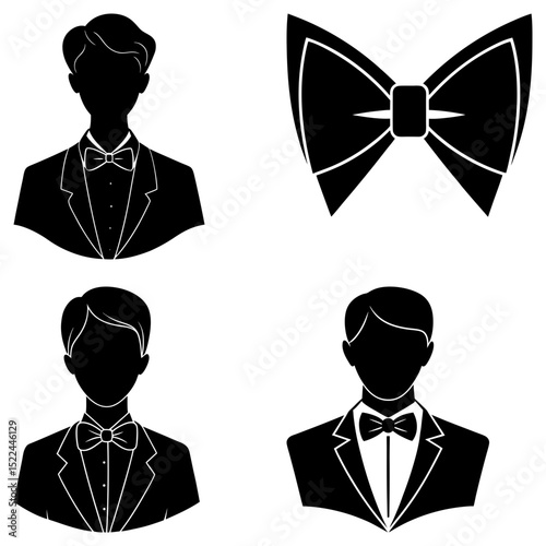 Illustration showing three men in suits and bow ties with one large bow tie on white background