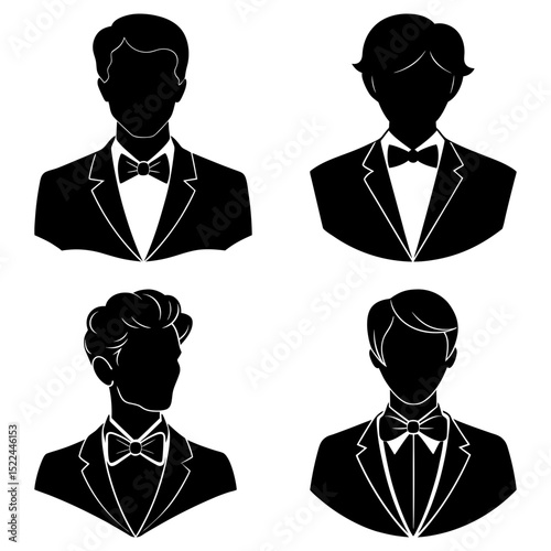 Four black silhouette portraits of men in suits and bow ties with various hairstyles on a white background