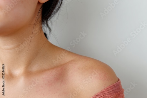 This Macro View Provides a Detailed Examination of an Allergic Rash That is Characterized by Prominent Red Patches Located on the Upper Arm and Shoulder Area of an Individual