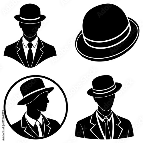 Illustration set featuring men in suits and hats in silhouette style on a white background design vector