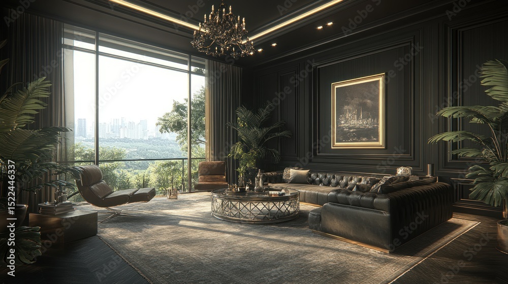 Fototapeta premium Luxurious dark interior living room with panoramic city view.