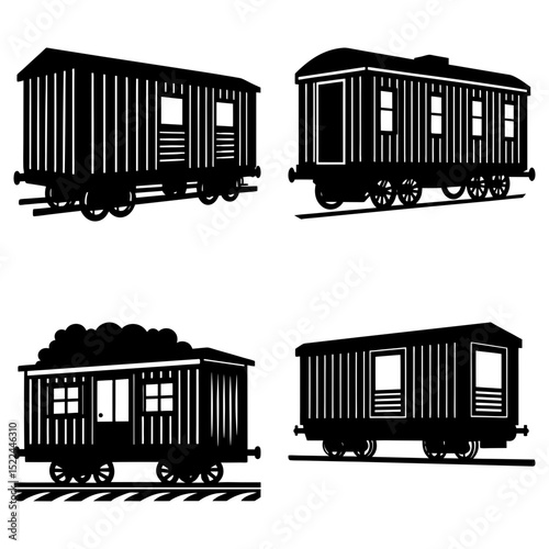Four train cars in black silhouette with varying designs and cargo on railway tracks isolated on white