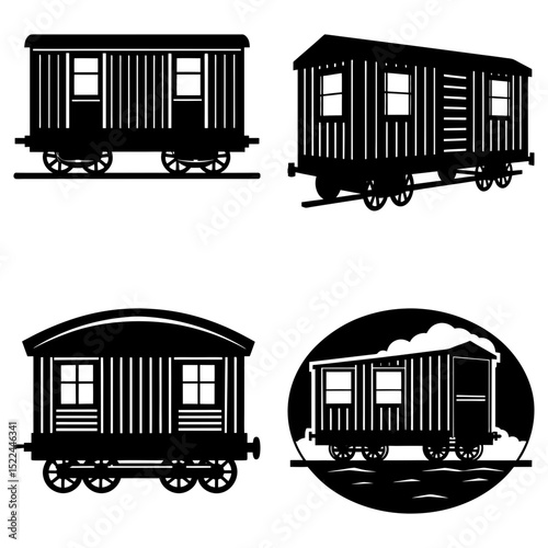 Four black and white silhouette illustrations of vintage railway carriages on tracks design art