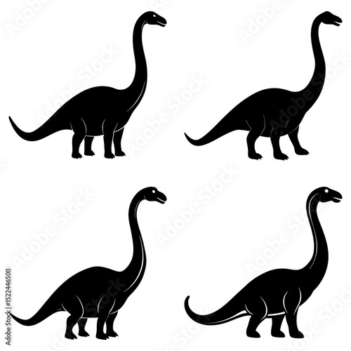 Four silhouette illustrations of long necked sauropod dinosaurs in various poses on a white background