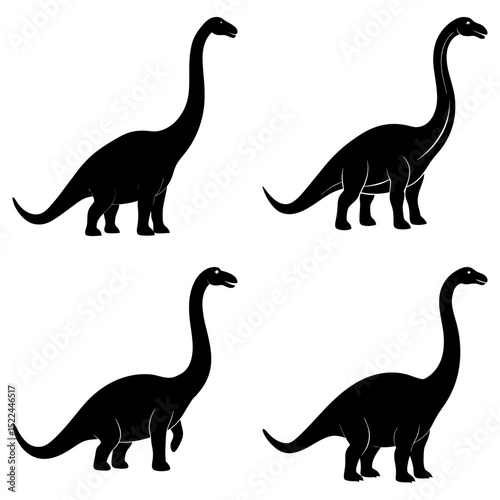 Four silhouette illustrations of long necked dinosaurs in a simple and clean graphic design style image