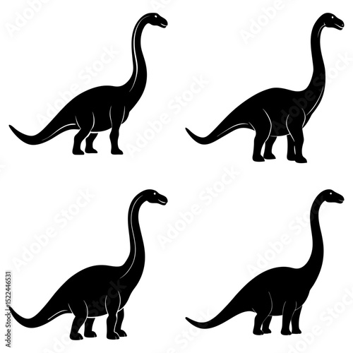 Four black silhouettes of long necked dinosaurs arranged in a two by two grid on white background