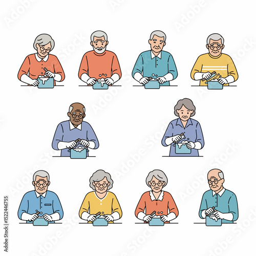 Seniors washing dishes. Old people housework.