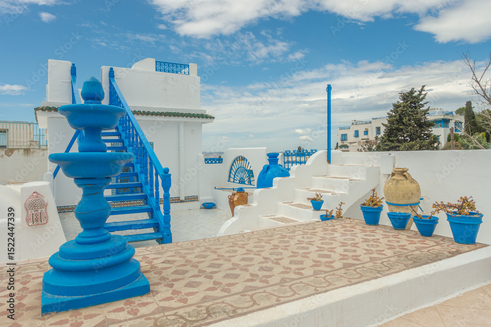 Obraz premium Sidi Bou Saïd, village coloré en bleu et blanc, et touristique de Tunisie.