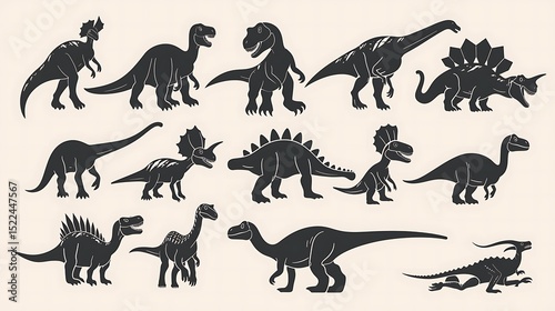 Fototapeta Naklejka Na Ścianę i Meble -  Silhouetted dinosaurs roam, isolated on white background, a prehistoric parade of diverse species