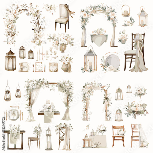 Watercolor clipart set of wedding floral decorations, chairs, arches, lanterns, and table setups. Ideal for elegant wedding designs and romantic event visuals.

