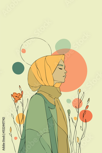 Minimalist line art depicting hijab-clad woman standing gracefully, surrounded by stylized floral and geometric elements, radiating inner calm and spiritual tranquility