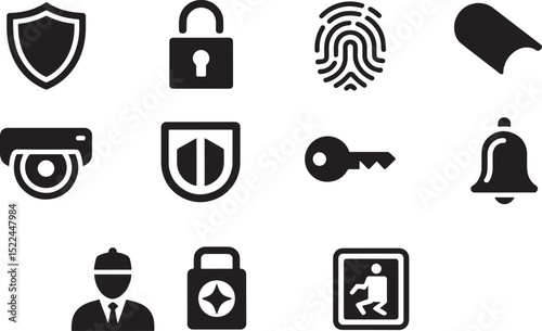 Collection of security and protection icons representing safety access and surveillance elements