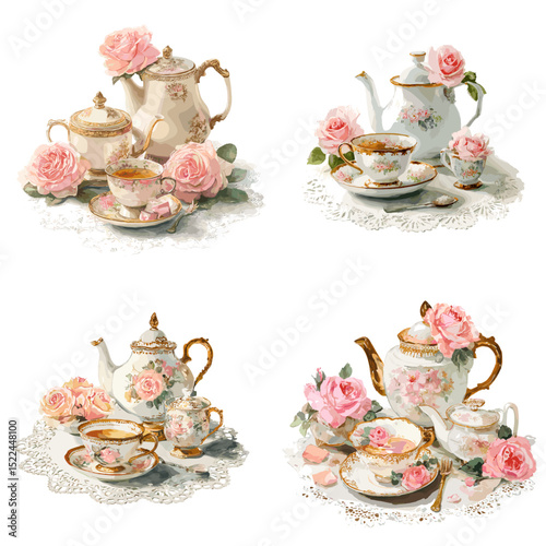 Elegant watercolor illustrations of vintage floral tea sets with roses and lace. Perfect for tea party themes, kitchen decor, and greeting card designs.

