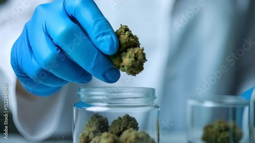 A person with blue gloves holding a cannabis flower over a transparent container with cannabis, in a laboratory