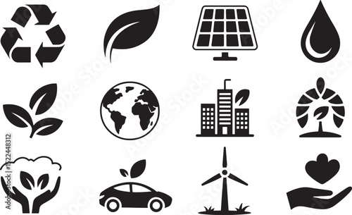 Eco friendly icons illustrating sustainability renewable energy and environmental conservation concepts