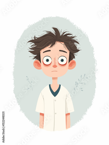 Tired boy with messy hair and dark circles under his eyes is suffering from insomnia and sleep deprivation