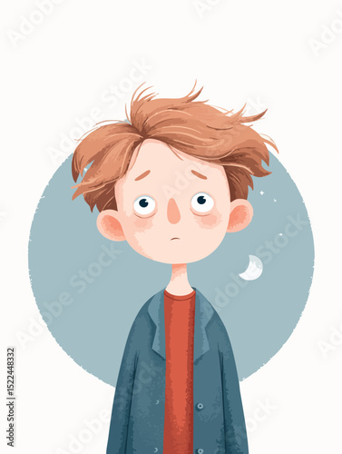 Exhausted young boy with tousled hair and dark undereye circles, experiencing insomnia against moonlit nighttime backdrop