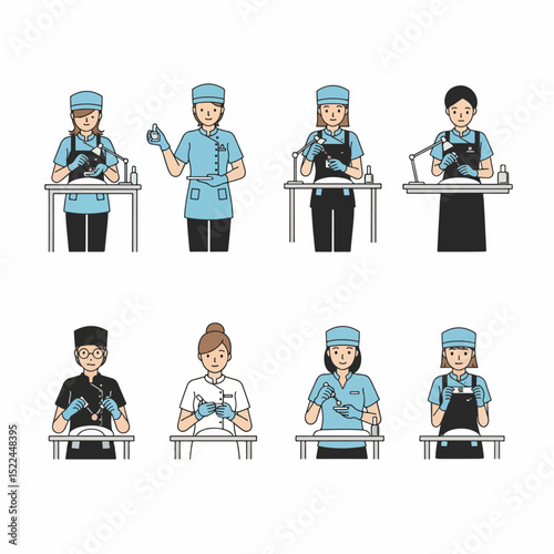 Manicurists working at tables in salon