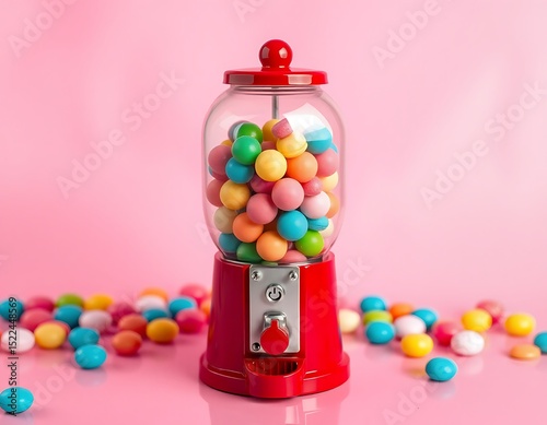 Classic Red Gumball Machine Filled with Colorful Candy