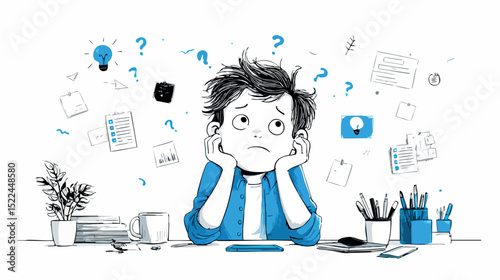 Confused startup manager at his desk with many questions and doubts looking for a solution, surrounded by notes and light bulbs
