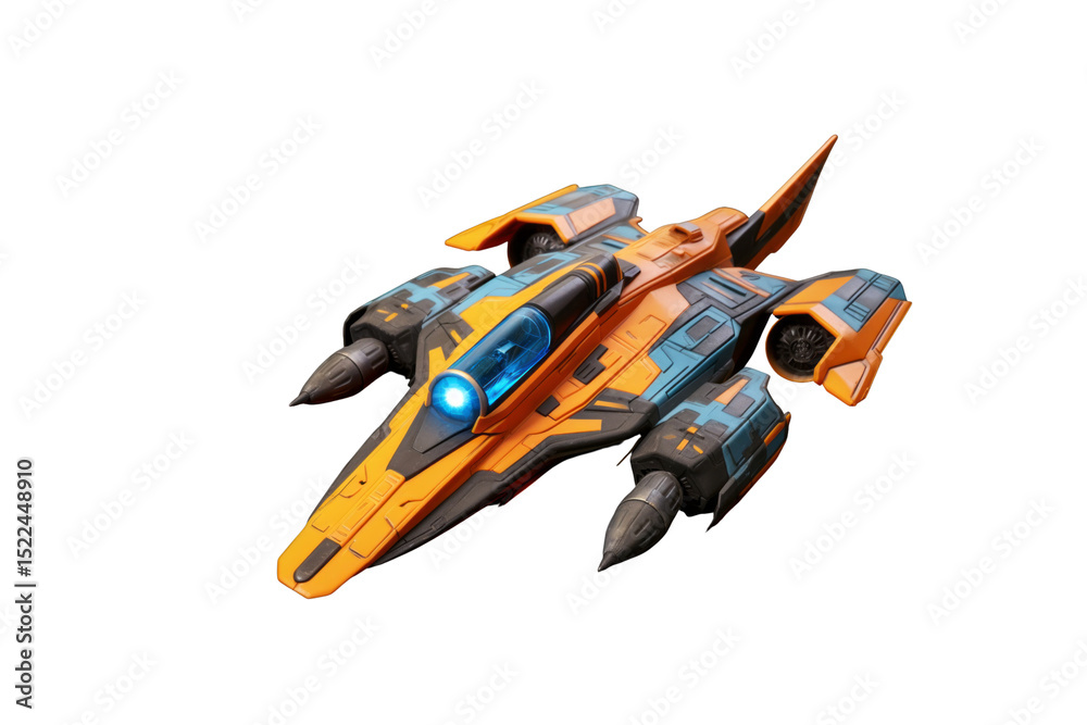 Naklejka premium Futuristic orange and blue spaceship design, detailed 3D render, isolated on transparent background. background removed