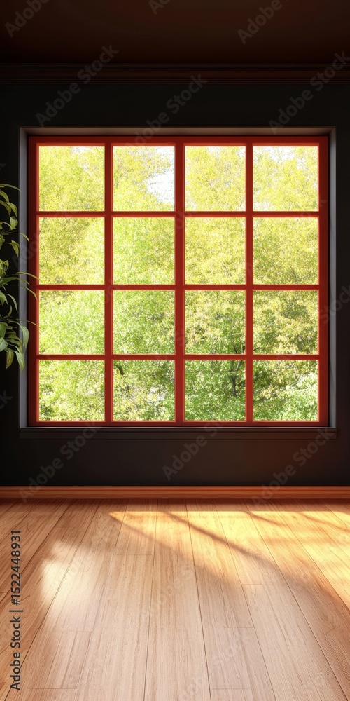 Obraz premium Tranquil Minimalist Room Featuring Dark Walls, Brown Framed Window, and Sunlit Hardwood Floor
