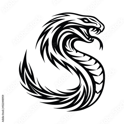 Stylized Snake Black and White Silhouette Isolated, Striking Cobra with Fangs Out