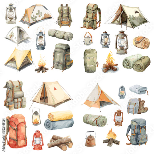 Watercolor clipart set of camping essentials including tents, backpacks, sleeping bags, lanterns, and campfires. Ideal for outdoor, hiking, and travel-themed projects.

