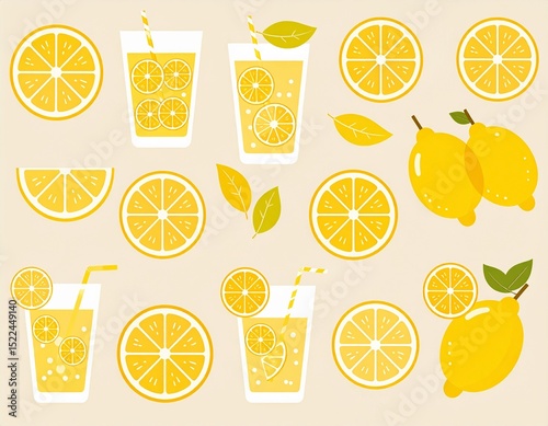 Szklanki z lemoniadą i cytryny. Zestaw letnich, żółtych ikon. Ilustracja, grafika