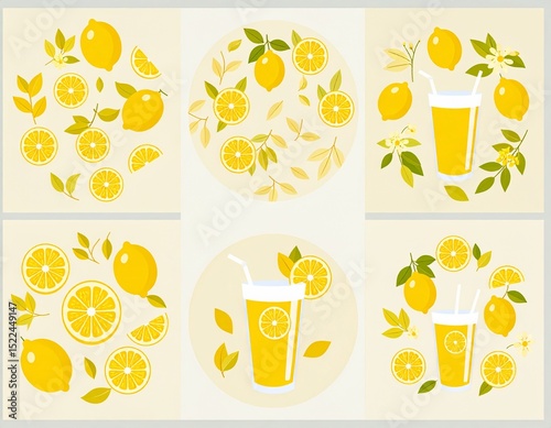Glasses of lemonade and lemons. Set of summer, yellow icons. Illustration, graphics