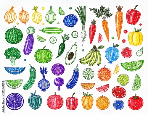 Different types of colorful vegetables and fruits on a white background. Drawing, illustration